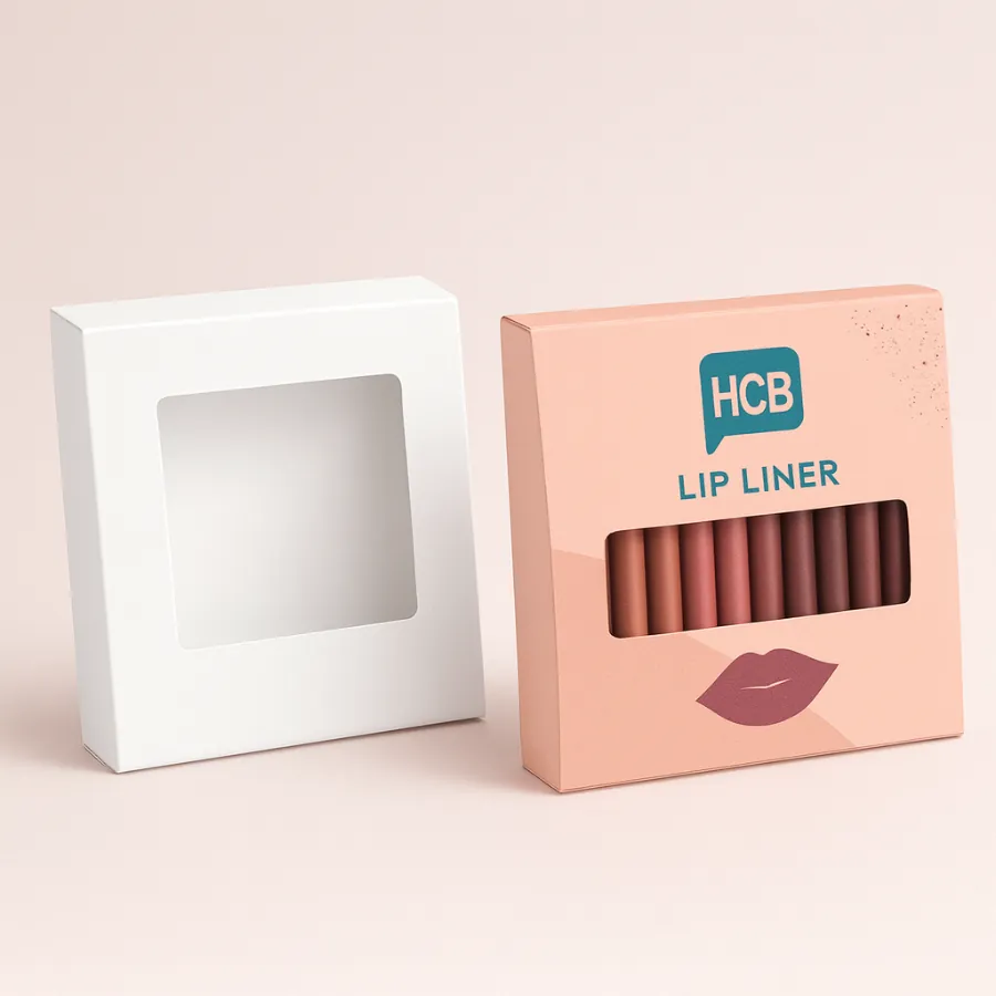 Square pink and white packaging boxes featuring a window to display various lip liner pencils- class=